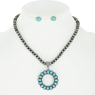 CHARMING CIRCLE PENDANT NAVAJO PEARL NECKLACE AND EARRINGS SET