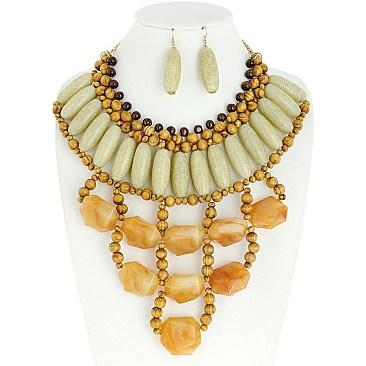 GLAM FAUX GEM STONE WOOD NECKLACE AND EARRINGS SET