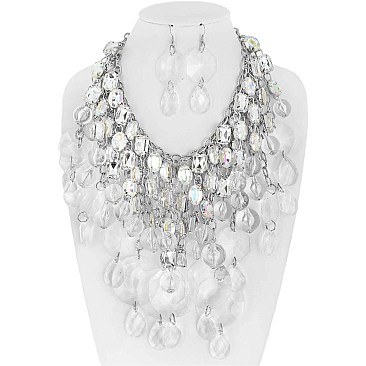 TRENDY CHUNKY GEM STONE ARCLIC CRYSTAL BIB STATEMENT NECKLACE AND EARRINGS SET