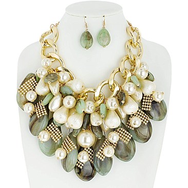 STYLISH CHUNKY AGATE STONE AND PEARL CHAIN BIB STATEMENT NECKLACE AND EARRINGS SET