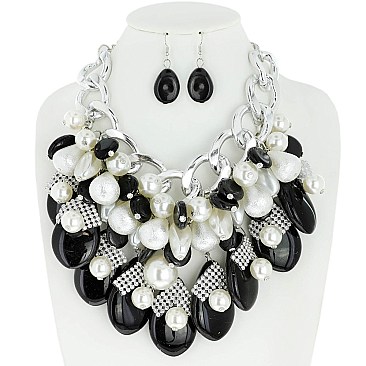 STYLISH CHUNKY AGATE STONE AND PEARL CHAIN BIB STATEMENT NECKLACE AND EARRINGS SET