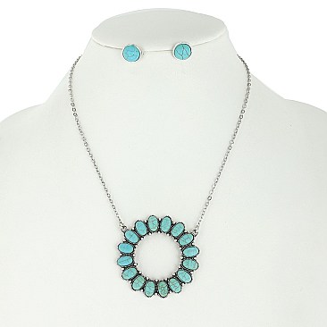 ALLURING WESTERN TURQUOISE CIRCLE PENDANT NECKLACE AND EARRINGS SET