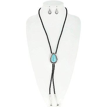 FASHIONABLE COWBOY NECKTIE TEARDROP TURQUOISE PENDANT BOLO TIE NECKLACE AND EARRINGS SET