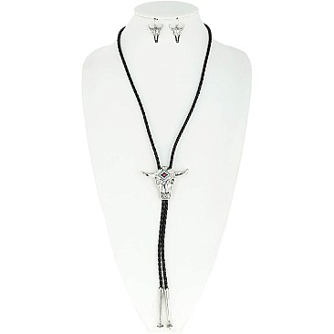 TRENDY COWBOY NECKTIE STEER SKULL PENDANT BOLO TIE NECKLACE AND EARRINGS SET