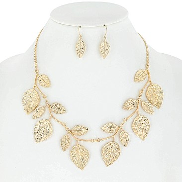 LOVELY METAL LEAF LINK STATEMENT NECKLACE AND EARRINGS SET