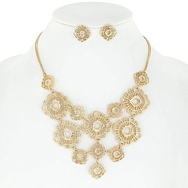 FASHIONABLE METAL FLOWER BIB STATEMENT NECKLACE AND EARRINGS SET