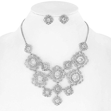 FASHIONABLE METAL FLOWER BIB STATEMENT NECKLACE AND EARRINGS SET