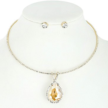 STYLISH TEARDROP GEM STONE PENDANT RHINESTONE COLLAR NECKLACE AND EARRINGS