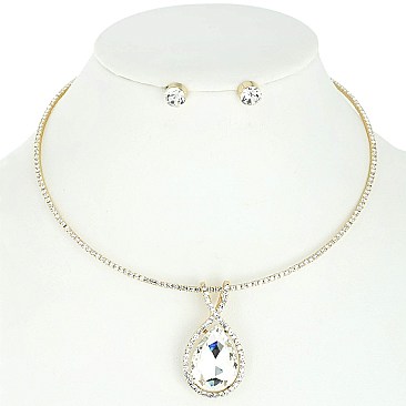 STYLISH TEARDROP GEM STONE PENDANT RHINESTONE COLLAR NECKLACE AND EARRINGS