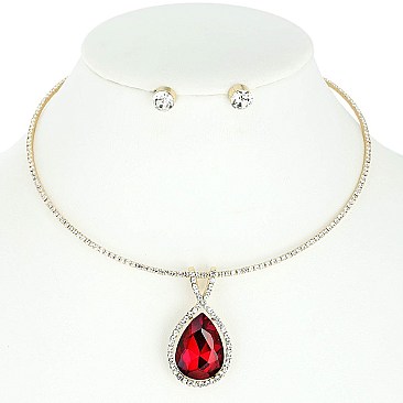 STYLISH TEARDROP GEM STONE PENDANT RHINESTONE COLLAR NECKLACE AND EARRINGS