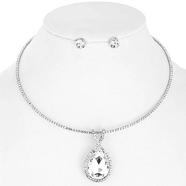 STYLISH TEARDROP GEM STONE PENDANT RHINESTONE COLLAR NECKLACE AND EARRINGS