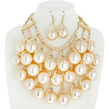 ELEGANT CHUNKY PEARL BIB STATEMENT NECKLACE AND EARRINGS SET