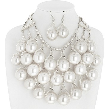 ELEGANT CHUNKY PEARL BIB STATEMENT NECKLACE AND EARRINGS SET