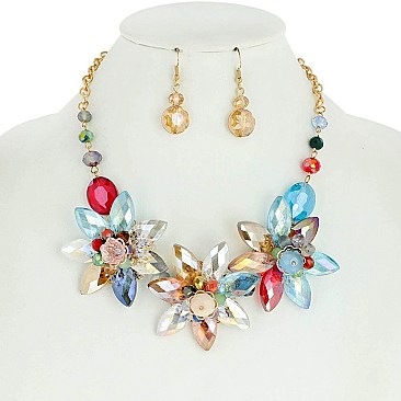 Large Flowers Rhinestone Necklace and Earrings Set