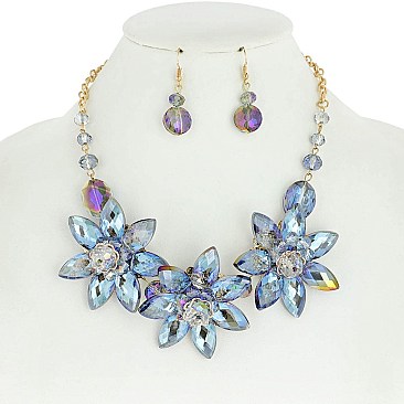 Large Flowers Rhinestone Necklace and Earrings Set