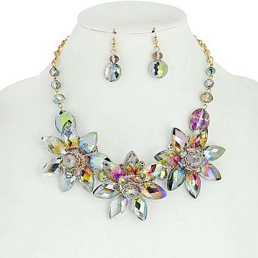 Large Flowers Rhinestone Necklace and Earrings Set