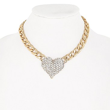 CRYSTAL HEART CHAIN STATEMENT CHOKER NECKLACE