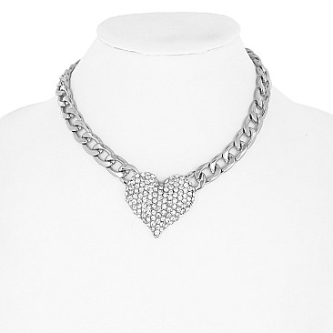 CRYSTAL HEART CHAIN STATEMENT CHOKER NECKLACE