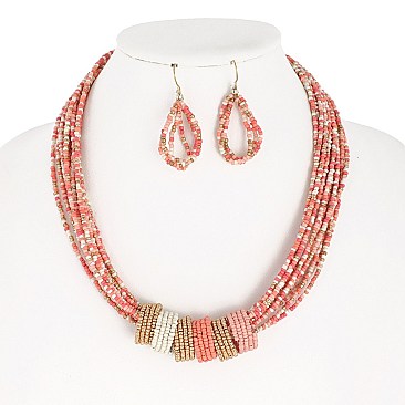 CHARMING MULTI COLOR SEED BEAD MULTI STRAND NECKLACE AND EARRINGS SET