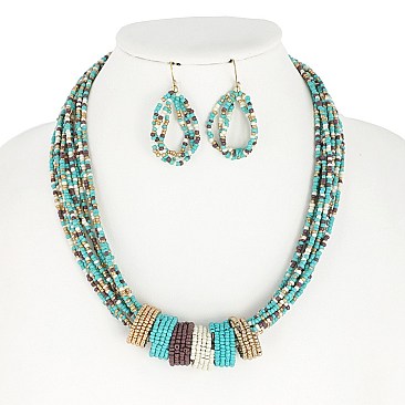 CHARMING MULTI COLOR SEED BEAD MULTI STRAND NECKLACE AND EARRINGS SET