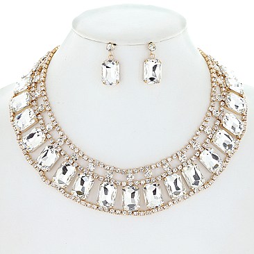 PRINCESS CUT RECTANGULAR CRYSTAL STATEMENT NECKLACE SET