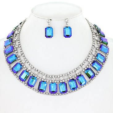 PRINCESS CUT RECTANGULAR CRYSTAL STATEMENT NECKLACE SET