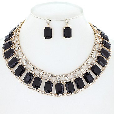 PRINCESS CUT RECTANGULAR CRYSTAL STATEMENT NECKLACE SET