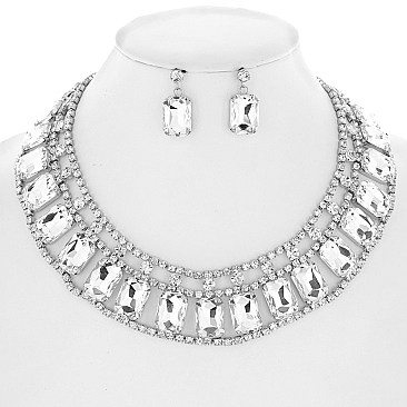 PRINCESS CUT RECTANGULAR CRYSTAL STATEMENT NECKLACE SET