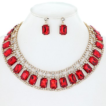 PRINCESS CUT RECTANGULAR CRYSTAL STATEMENT NECKLACE SET