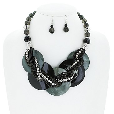 FASHION DISK AND TWISTED MULTI BEADED NECKLACE EARRING SET