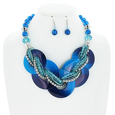 FASHION DISK AND TWISTED MULTI BEADED NECKLACE EARRING SET