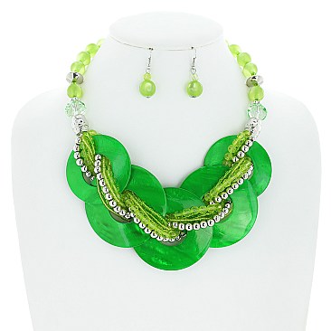 FASHION DISK AND TWISTED MULTI BEADED NECKLACE EARRING SET