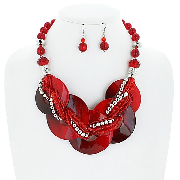 FASHION DISK AND TWISTED MULTI BEADED NECKLACE EARRING SET