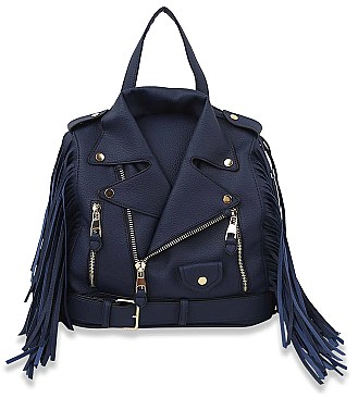 Moto Jacket Design Fringed Backpack / Shoulder Bag