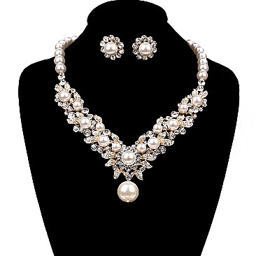 Crystal and Pearls Pendant Necklace and Earrings Set
