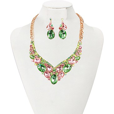 Dazzling Crystal Oval Cluster Necklace Earring Set