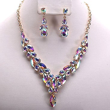 OVAL DROP V-SHAPE RHINESTONE NECKLACE SET