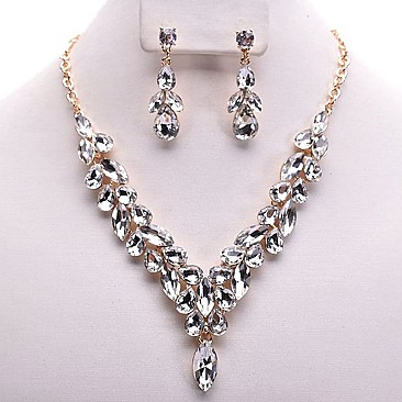 OVAL DROP V-SHAPE RHINESTONE NECKLACE SET