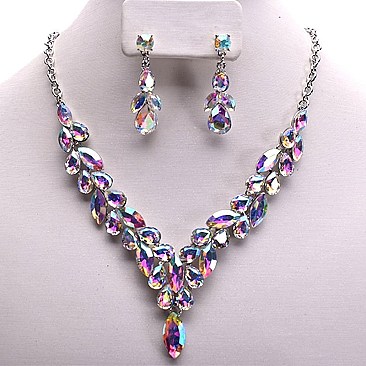 OVAL DROP V-SHAPE RHINESTONE NECKLACE SET