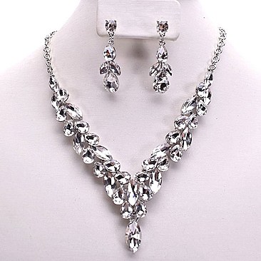 OVAL DROP V-SHAPE RHINESTONE NECKLACE SET