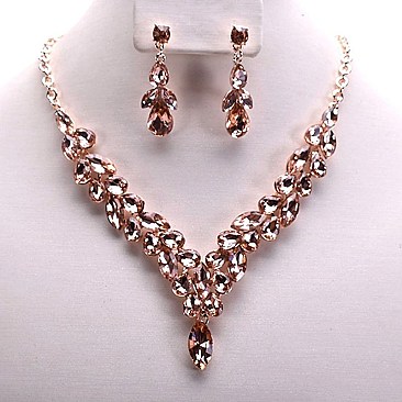 OVAL DROP V-SHAPE RHINESTONE NECKLACE SET