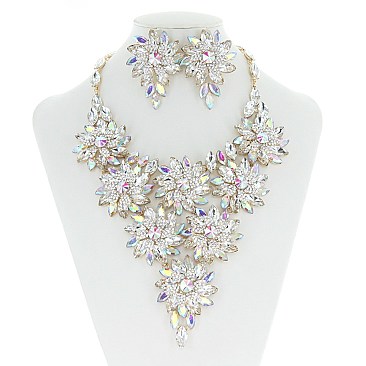 RHINESTONE V SHAPE FLOWER NECKLACE SET