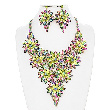 RHINESTONE V SHAPE FLOWER NECKLACE SET