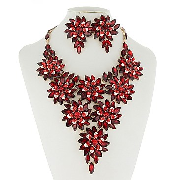 RHINESTONE V SHAPE FLOWER NECKLACE SET