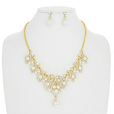 PEARL LEAVE W/STONE NECKLACE SET