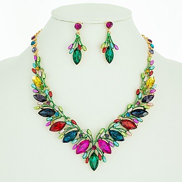 STONE PEARL POINTED V NECKLACE SET