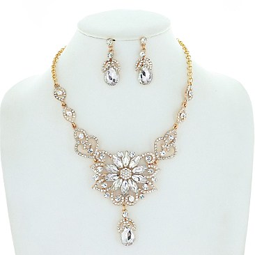 Trendy Floral Crystal Rhinestone Filigree Necklace Earring Set