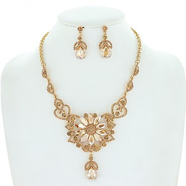 Trendy Floral Crystal Rhinestone Filigree Necklace Earring Set