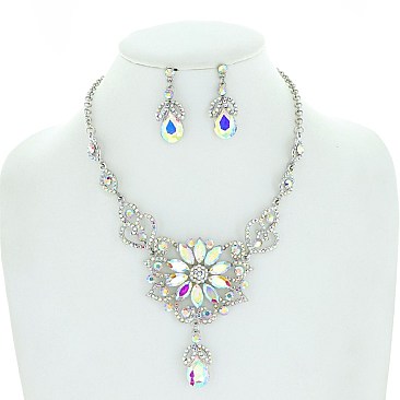 Trendy Floral Crystal Rhinestone Filigree Necklace Earring Set