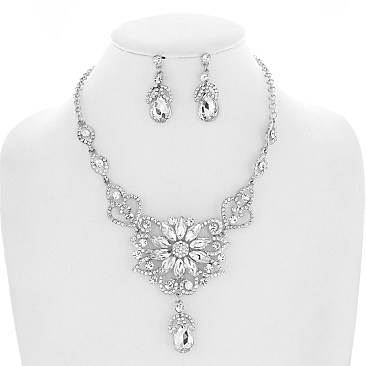 Trendy Floral Crystal Rhinestone Filigree Necklace Earring Set